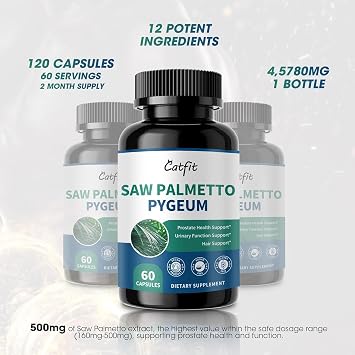 Catfit Saw Palmetto for Men - Prostate Health Supplements for Men DHT Blocker with Pumpkin Seed Oill, Pygeum - Urinary Health and Hair Support,60 Count