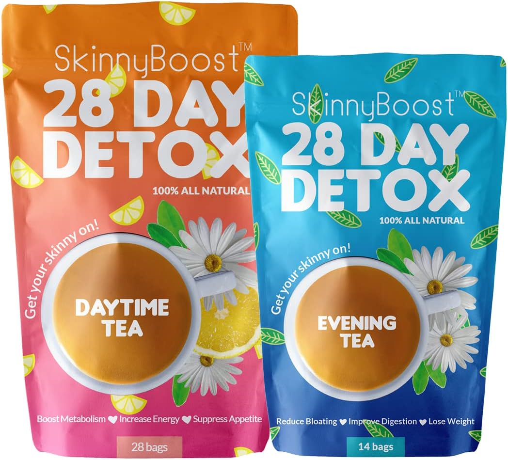 SkinnyBoost 28 Day Detox Tea Kit-1 Daytime Tea (28 Bags) 1 Evening Detox Tea (14 Bags) Non GMO, Vegan, All Natural Detox and Cleanse : Health & Household