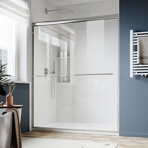 Miniatura 20 de SUNNY SHOWER Puerta de ducha doble corredera sin marco, puerta de baño corrediza de cristal de 1/4 pulgadas, acabado cromado, 48 pulgadas de ancho x