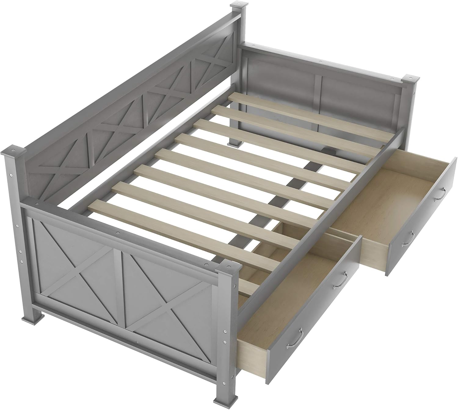 Twin Size Wood Daybed with Two Large Drawers,X-Shaped Daybed Frame with Backrest and Armrests,Corner Sofa Bed Frame for Living Room Bedroom Guest Room,Wood Slat Support,No Box Spring Needed,Grey