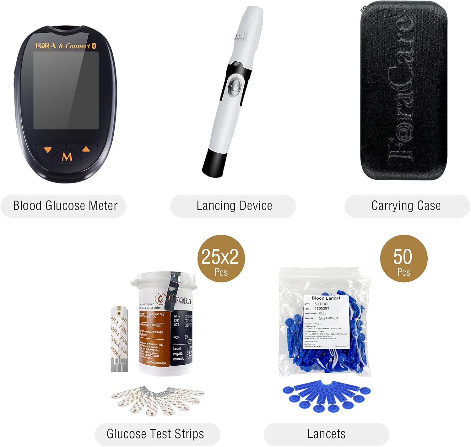 Buy FORA 6 Connect Blood Glucose Set with 1 Meter, 50 Test Strips, 50 Lancets, Painless Design