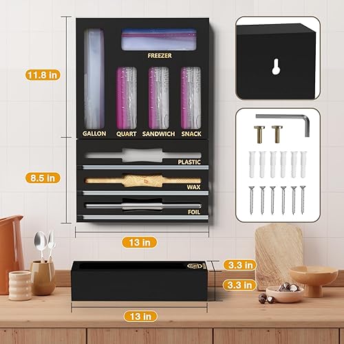 Miniatura 3 de DALSHABET Organizador de cajones de bambú 9 en 1 con cortador, papel de aluminio y plástico para almacenamiento de cocina, compatible con todas las