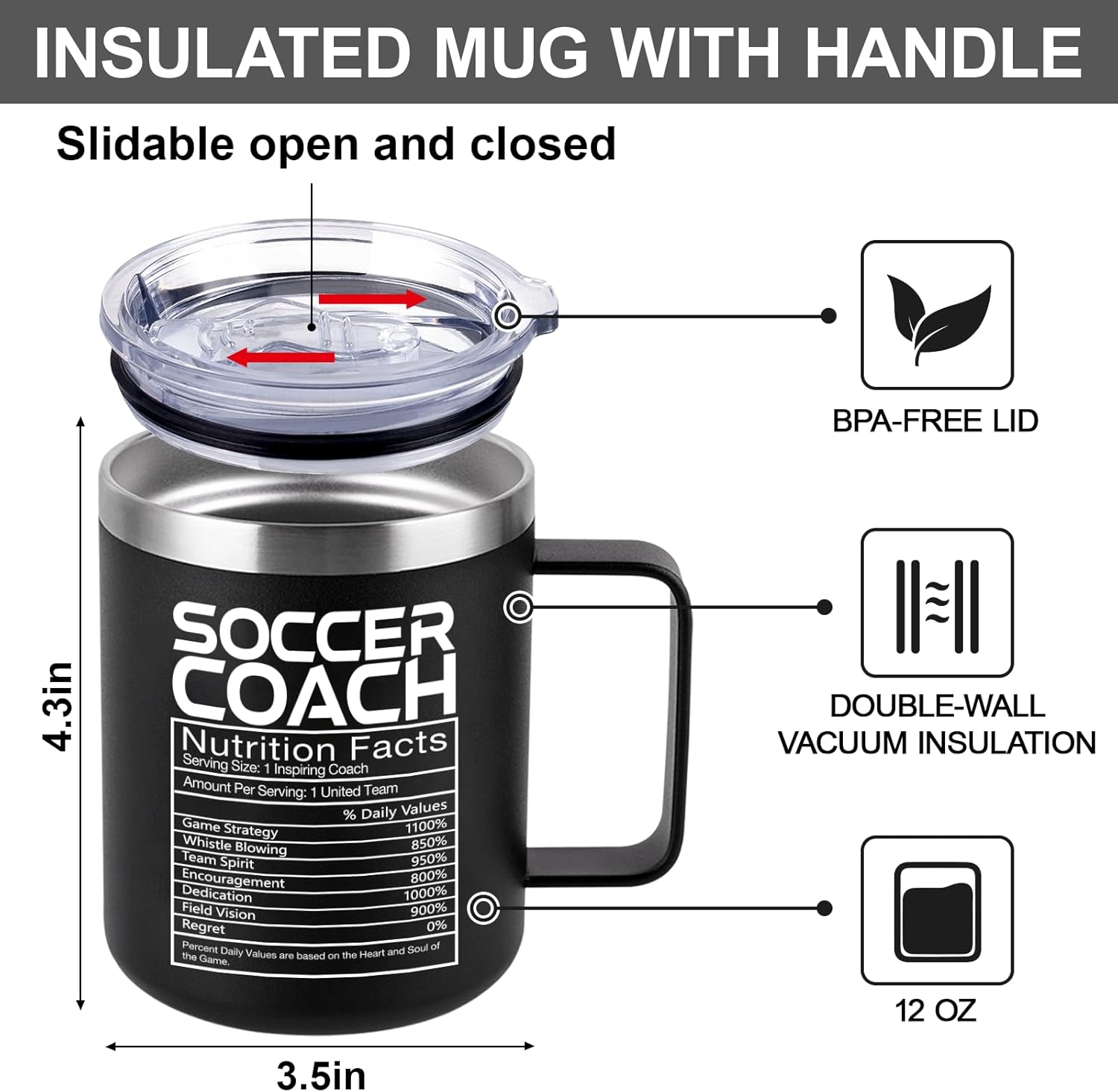 Soccer Coach Gifts for Men, Soccer Coach Nutrition Facts Stainless Steel Mug for Appreciation, Christmas, 12oz Insulated Travel Coffee Cup with Handle - Image 3