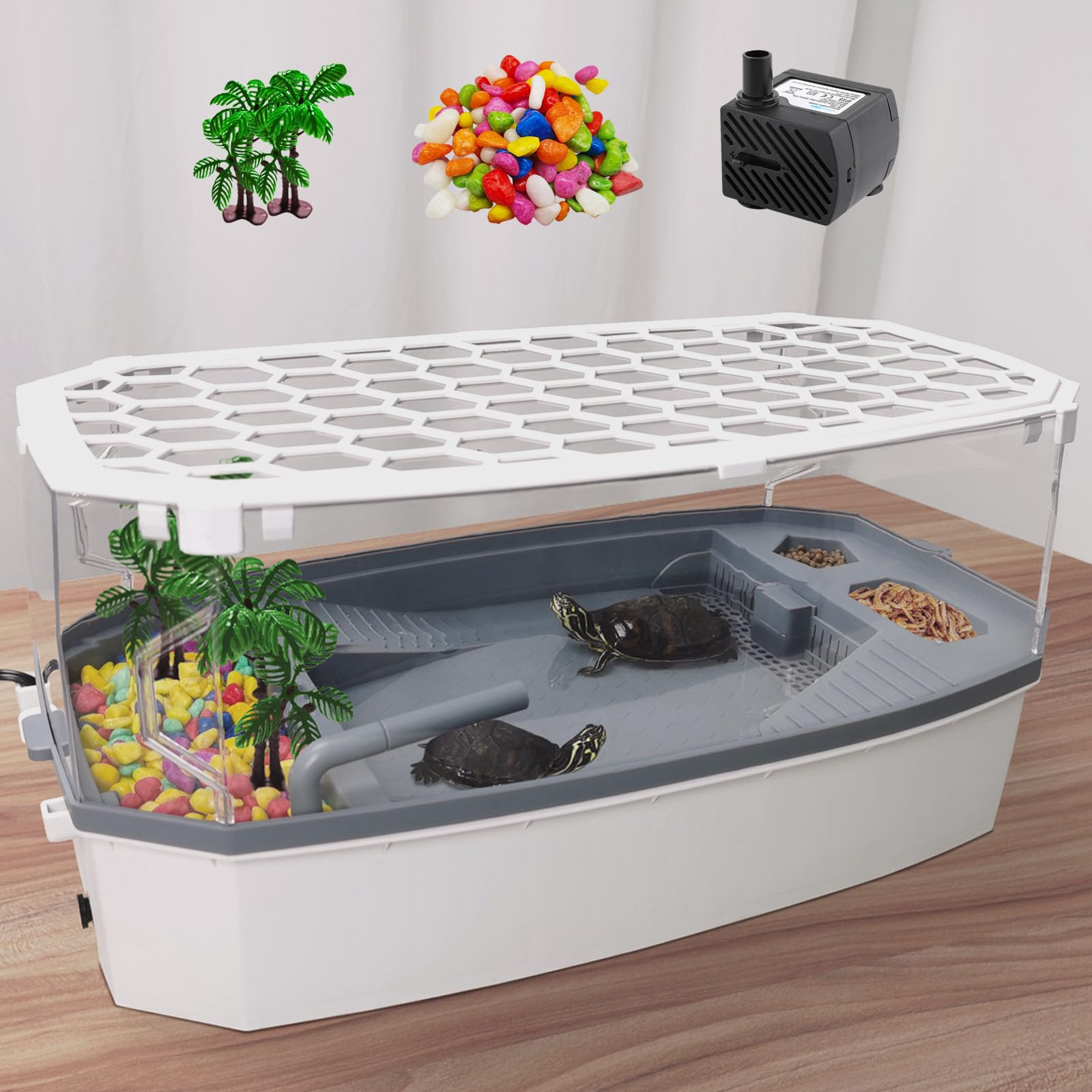 Photo 1 of VERABE Small Turtle Tank with Lid, Acrylic Turtle Aquarium with Water Pump, Full View Visually Reptile Turtle Habitat, Easy to Clean and Change Water, Multi Functional Area, Medium, White