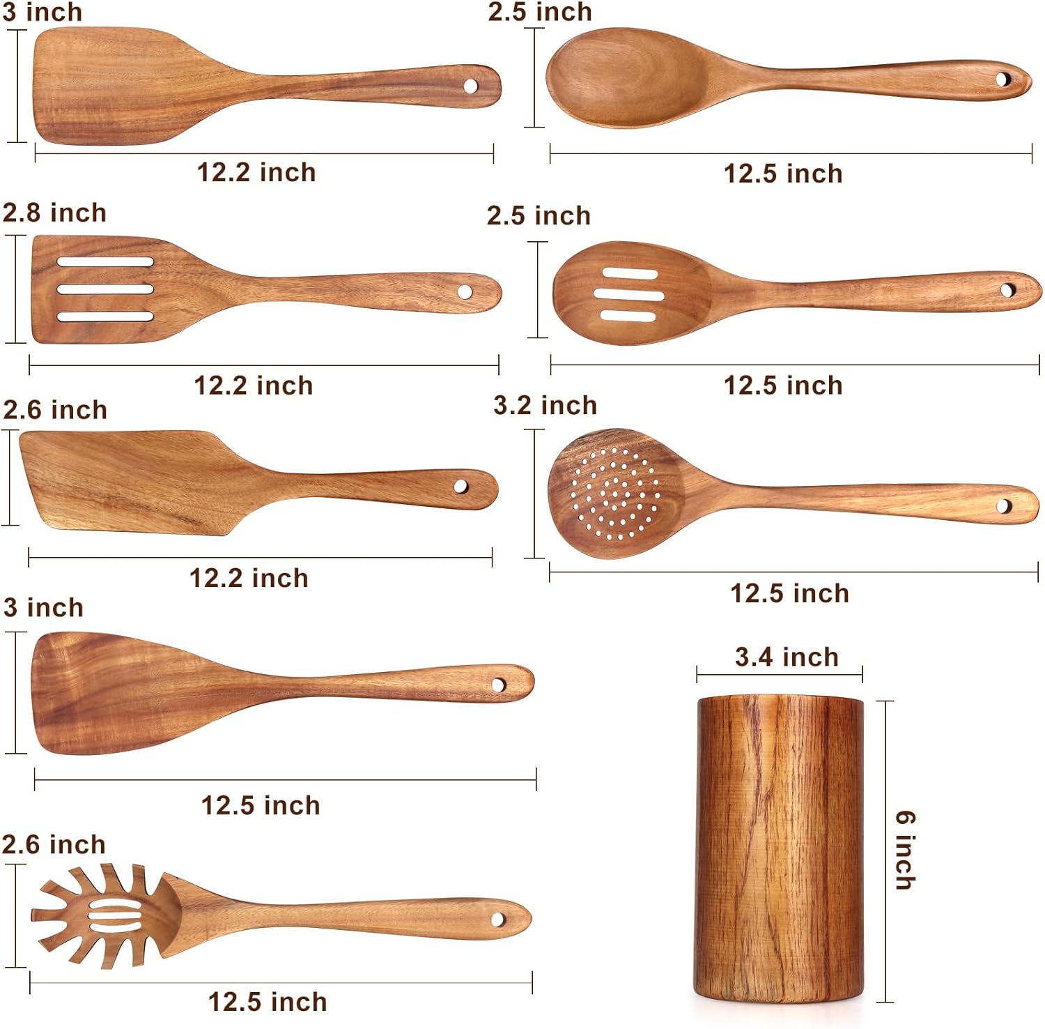 9 Pcs Wooden Spoons for Cooking Utensils with Utensil Holder Teak Wood Kitchen Utensils Set Flat Wooden Spatula Cooking Mixing Spoons Spaghetti Spoon Slotted Turner Scraper Spatula Large Utensils