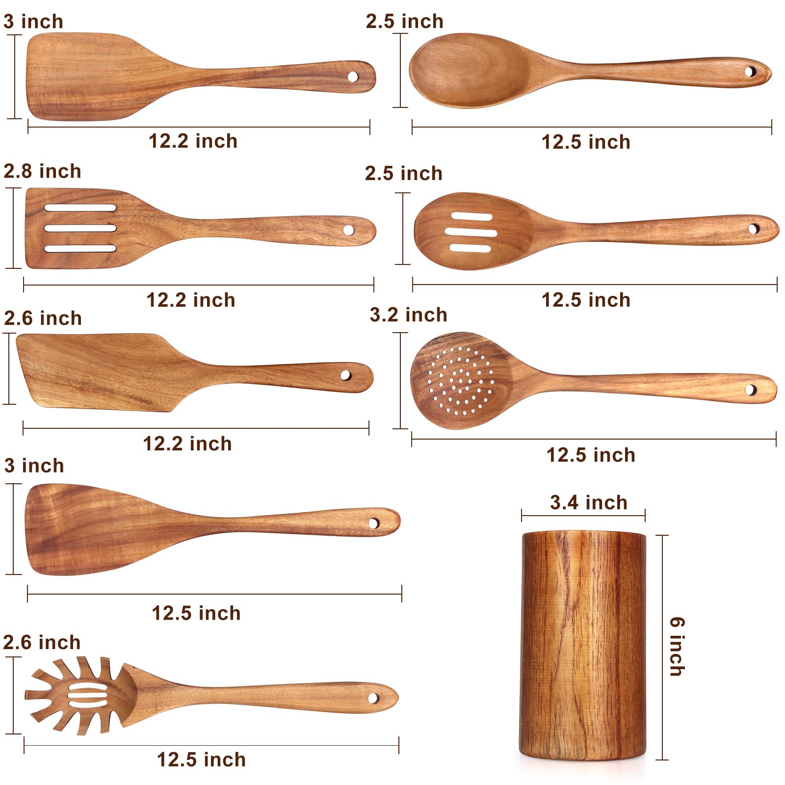9 cucharas de madera para utensilios de cocina con soporte para utensilios, juego de utensilios de cocina de madera de teca, espátula plana de madera, cucharas de mezcla de cocina, cuchara de
