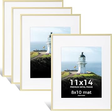 Axeman 11x14 Gold Picture Frame, High-End Aluminum 11 x 14 Photo Frame with Mat for 8x10, Metal Gold Frames 11x14 for Wall, Plexiglass and Wall Hook Included, Set of 4