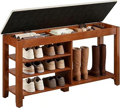 FAGAGA Shoe Rack Bench with Flip-Top Storage, Solid Wood Entryway Bench with Cushion, Adjustable Shelf, Shoe Organizer for Front Door Entrance, Hallway, Living Room, Mudroom Beige, 39.4" L