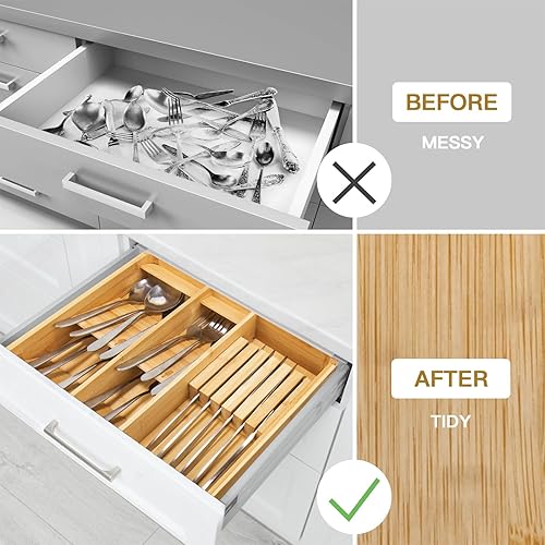 Miniatura 6 de Bamboo Drawer Organizer for Utensils Holder, Silverware Cutlery Tray for Drawer, Wood kitchen drawer storage With Lid for Flatware Cutlery (wood)
