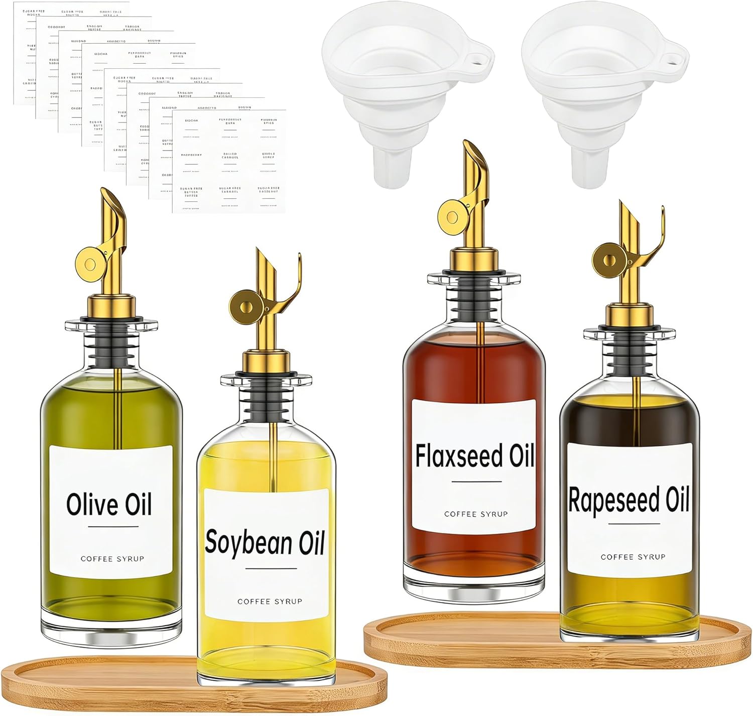 4Pack 11.8oz/350ml Oil Dispenser Bottle for Kitchen, Glass Olive Oil and Vinegar Dispenser Set, Soy Sauce Dispenser with Wooden Tray & Labels & Replacement Spouts & Pumps