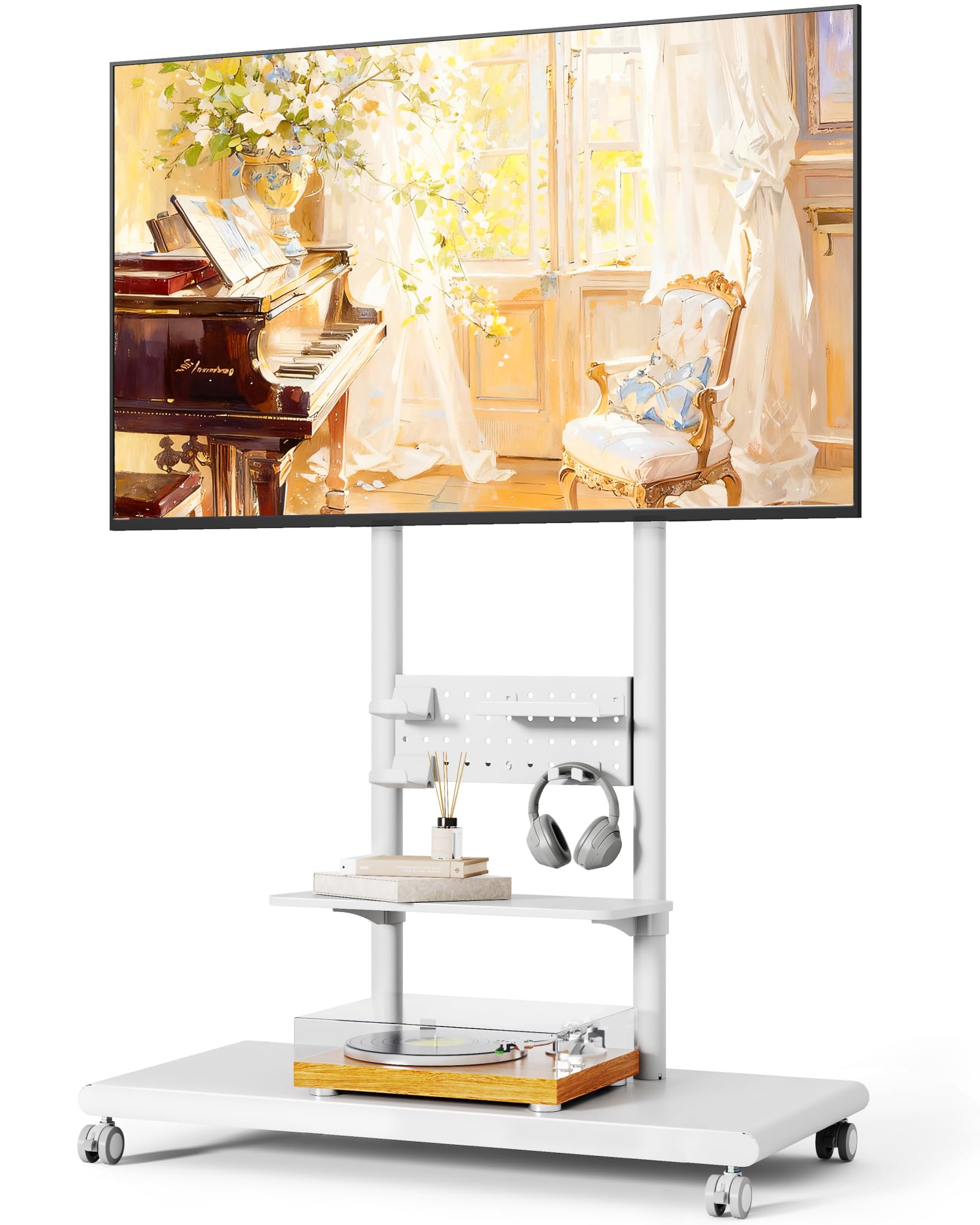 Photo 1 of ECOTINY Heavy-Duty Rolling TV Stand for 50–90? TVs, Supports up to 198 lbs (154 lbs TV + 22 lbs Per Shelf), Height Adjustable Tilt Swivel Rolling TV Cart with Pegboard Storage, Max VESA 600×400, White