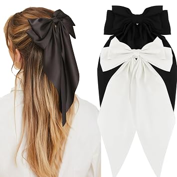 2 Pack Bow Hair Barrettes for Women, Silky Satin Bow Hair Clips for Girls Large Hair Bows, French Barrettes Cute Hair Clips Hair Accessories for Women