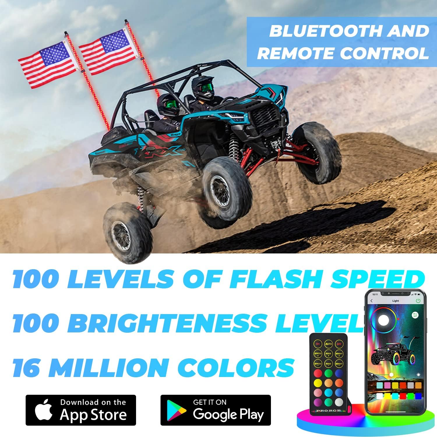 omotor 2PCS 4FT Bluetooth and Remote Control 360° Spiral LED Whip Lights w/Flag [21 Modes] [20 Colors] [Weatherproof] Lighted Antenna Whips