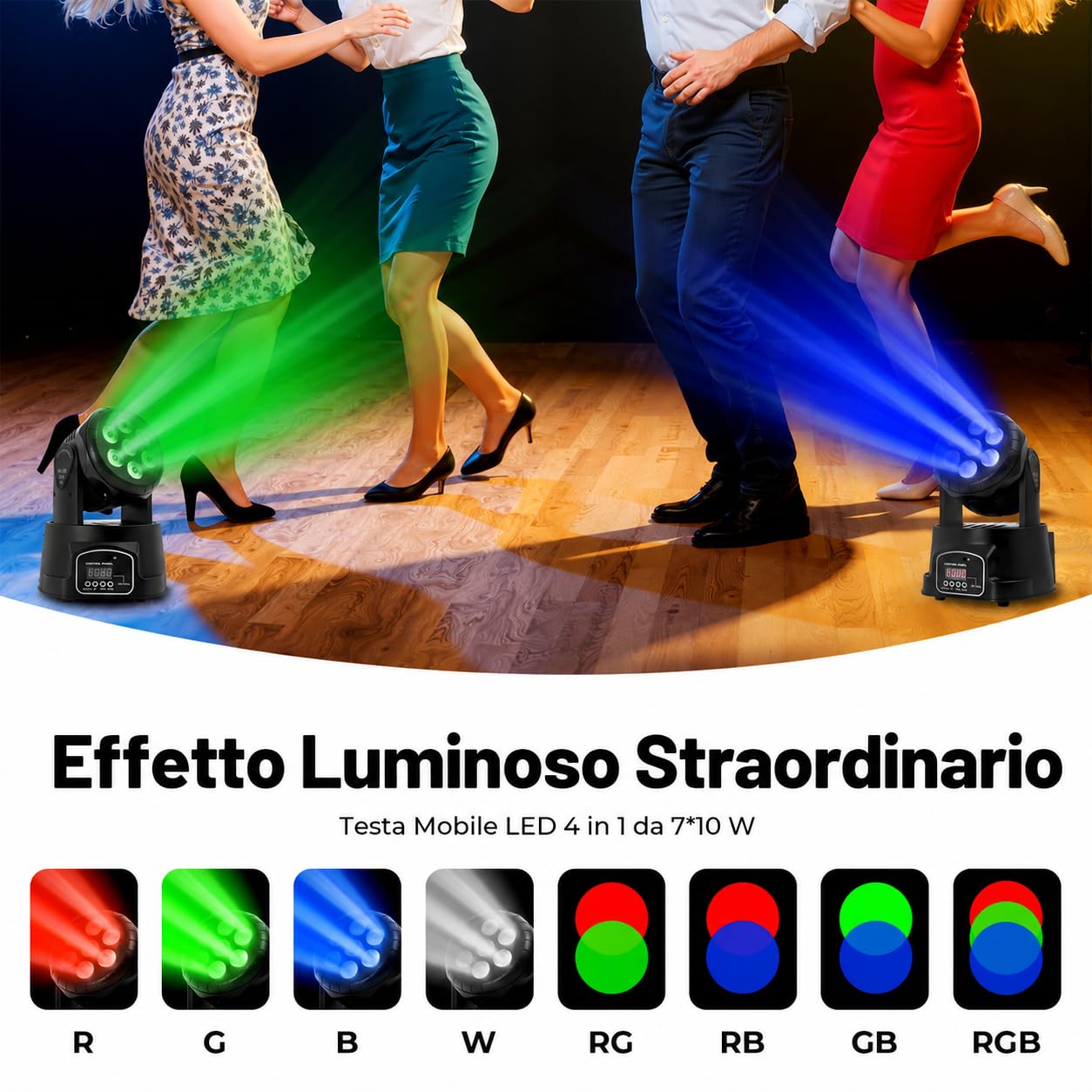 105 W Moving Head LED con telecomando, 7 x 10 W, 4 in 1, luce da discoteca a LED, DMX512, luce da palcoscenico per DJ bar, compleanno, discoteca, matrimonio, cantina da palcoscenico