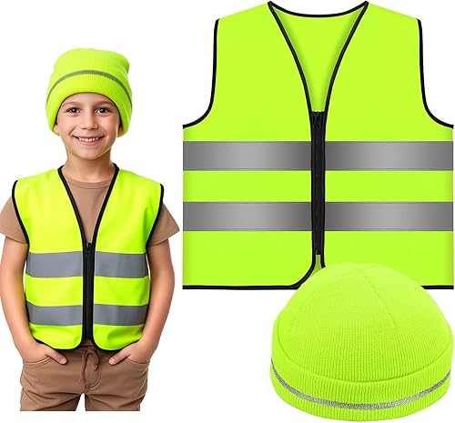 Miniatura 8 de Berlune Juego de 2 piezas de chaleco y gorro de caza naranja para niños, alta visibilidad, reflectante, ropa de caza, chalecos de seguridad para