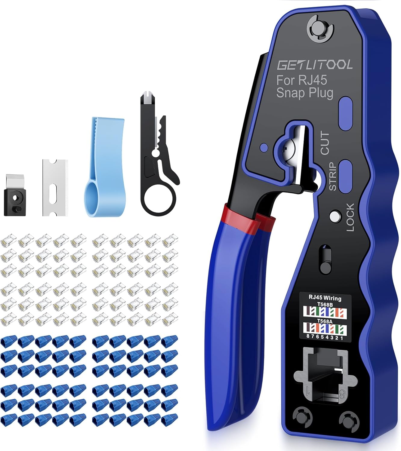 GETLITOOL RJ45 Crimp Tool Kit, Pass Through Ethernet Crimper for Cat5e/Cat6/Cat6a/Cat7 with 60 Cat6 Connectors, 60x Boots/Mini Stripper/Cable Straightener, Professional Network Cable Tool Set