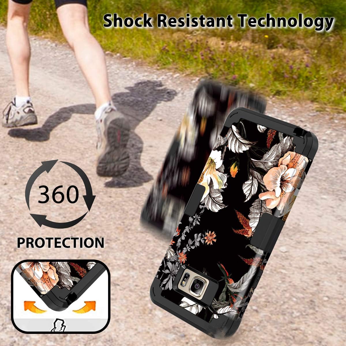 Casetego Compatible with Galaxy Note 5 Case,Floral Three Layer Heavy Duty Hybrid Sturdy Shockproof Full Body Protective Cover Case for Samsung Galaxy Note 5,Orange Flower/Black