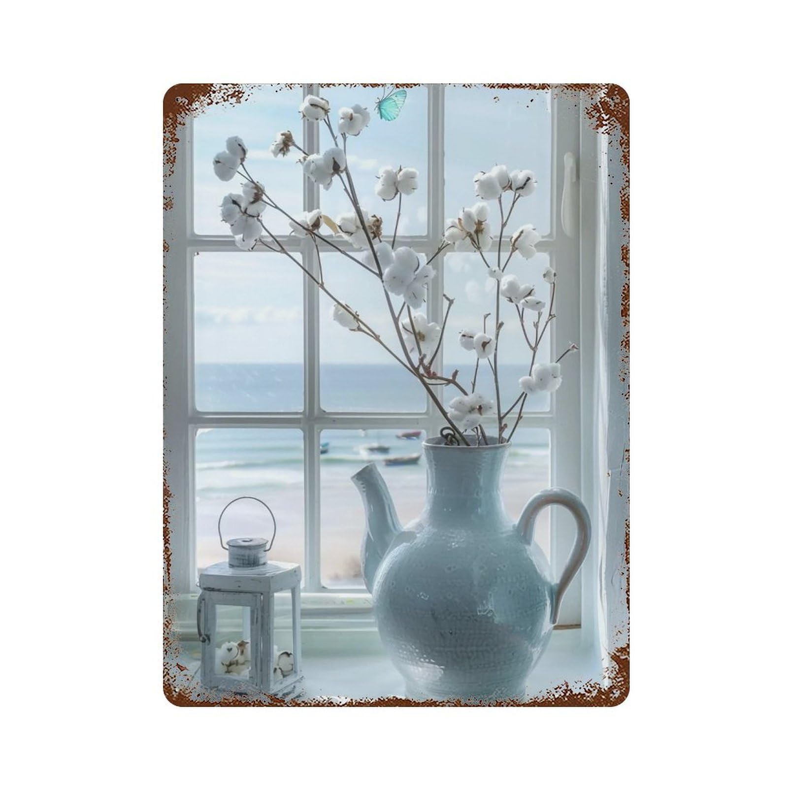 HDURYEYRYY Pale Blue Coastal Cotton Window Still Life 02 Wall Retro Iron Vintage Art Metal Tin Sign Poster Modern Home Cofffee Club Art Bar Shop Decor 40x30cm