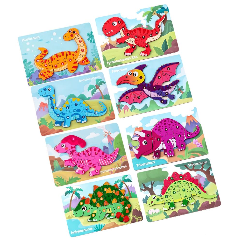 Montessori Holz Dinosaurier Puzzle 3D Formen Puzzles (8 Stück) | Frühlern-Handgreif-Board-Spielzeuge, Dino-Themen-Bildungsblöcke, Geschenke zur Förderung der Feinmotorik