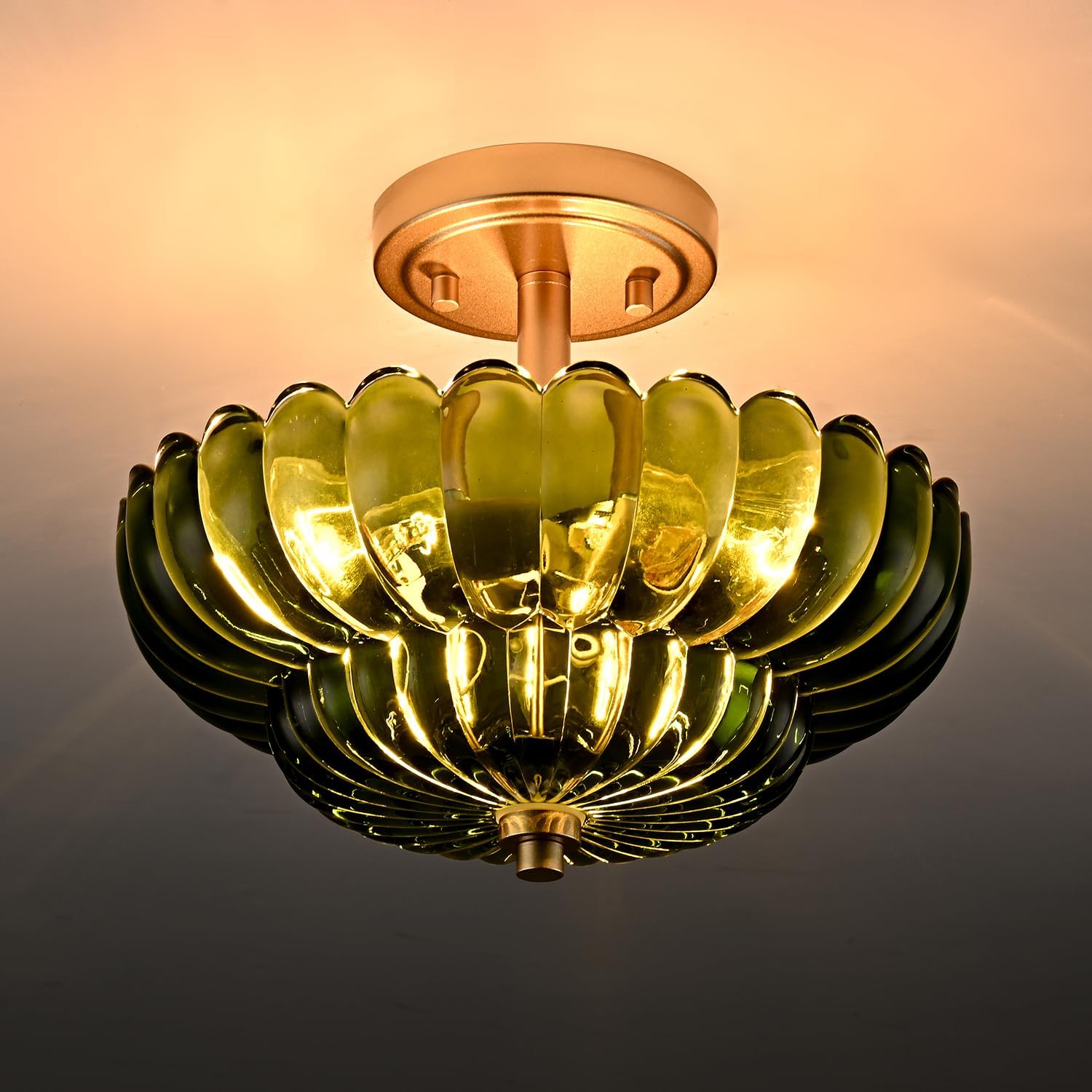 Semi Flush Mount Ceiling Light Fixture, Green Glass 3-Light Modern Vintage Ceiling Lights, Scalloped Close to Ceiling Light, Gold Base Flush Mount Ceiling Light for Hallway Bedroom Entryway Kitchen