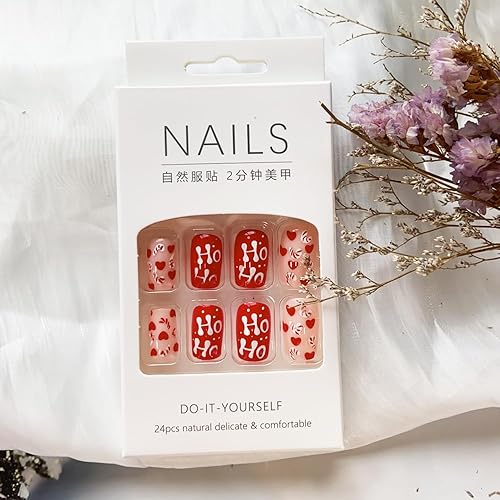 Miniatura 5 de Uñas postizas a presión de Navidad, uñas postizas cuadradas cortas con diseños, acrílico rojo, cobertura completa, uñas con pegamento de Navidad con