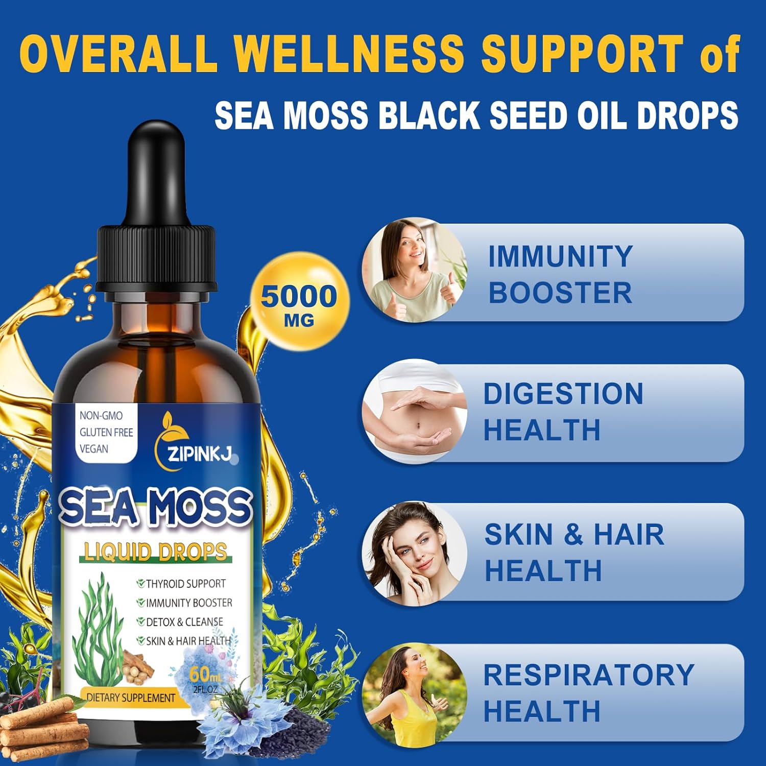 Sea Moss Drops, Irish Liquid Sea Moss Gel Supplement with Black Seed Oil, Shilajit, Elderberry, Burdock Root, Spirulina, Bladderwrack for Digestion Health, Non-GMO, 2 Fl Oz - Image 4