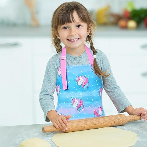 Miniatura 3 de Sylfairy Delantales para niños y niñas, diseño de unicornio arcoíris, delantal de cocina para niños y chef, color rosa, mediano, 6-12 años