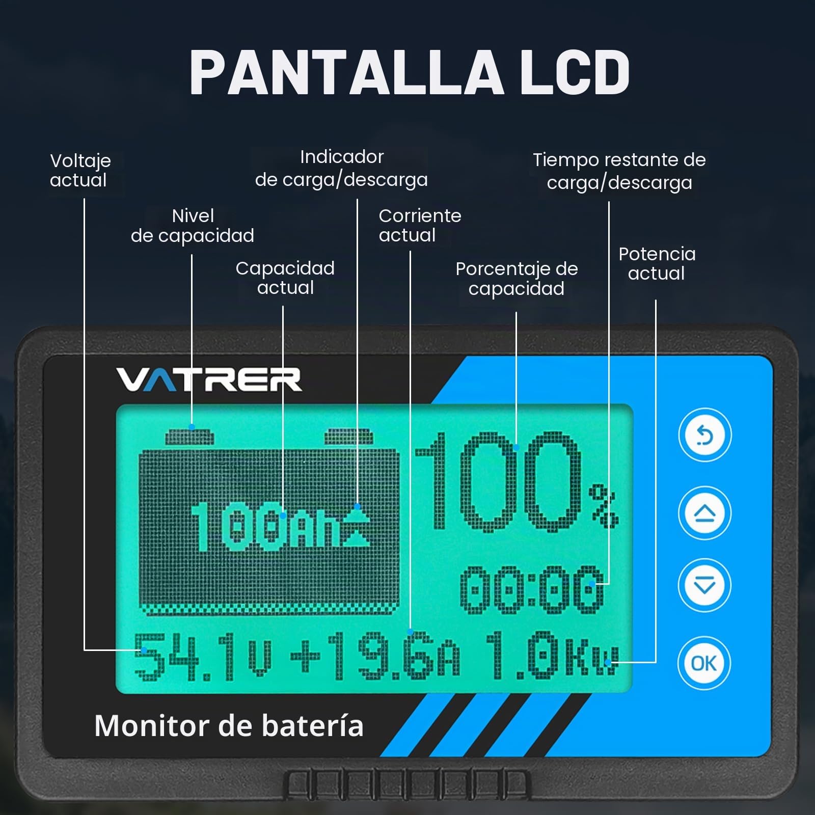 VATRER POWER Monitor Batería 500A Shunt 8-120V LCD Alarma | Monitor 500A shunt 8-120V, LCD con alarma, compatible litio/plomo para RV y carritos golf