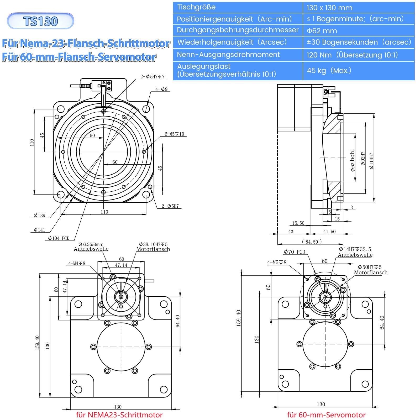CNC Hohlwellen Drehtisch Untersetzung 10:1 360° Elektrischer Positioniertisch Ersatz für Direktantrieb Kurvenindexer Passend für NEMA 23 Schrittmotor &60mm Servomotor