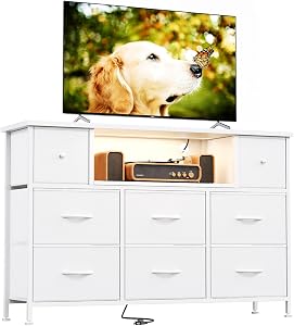 COTUBLR Dresser with 8 Fabric Drawers, Chest of Drawers with Power Outlet and LED Light, TV Stand Dresser for 55 inches TV, Tall Dressers Bedroom Clearance,Wooden Top, White