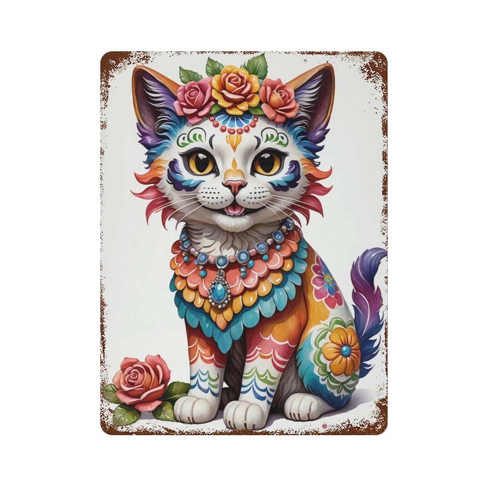 Rustic Tin Plaque Colorful Sugar Skull Cat Art 15.7"x11.8", Vintage Wall Decor for Pub, Kitchen And Man Cave Decor