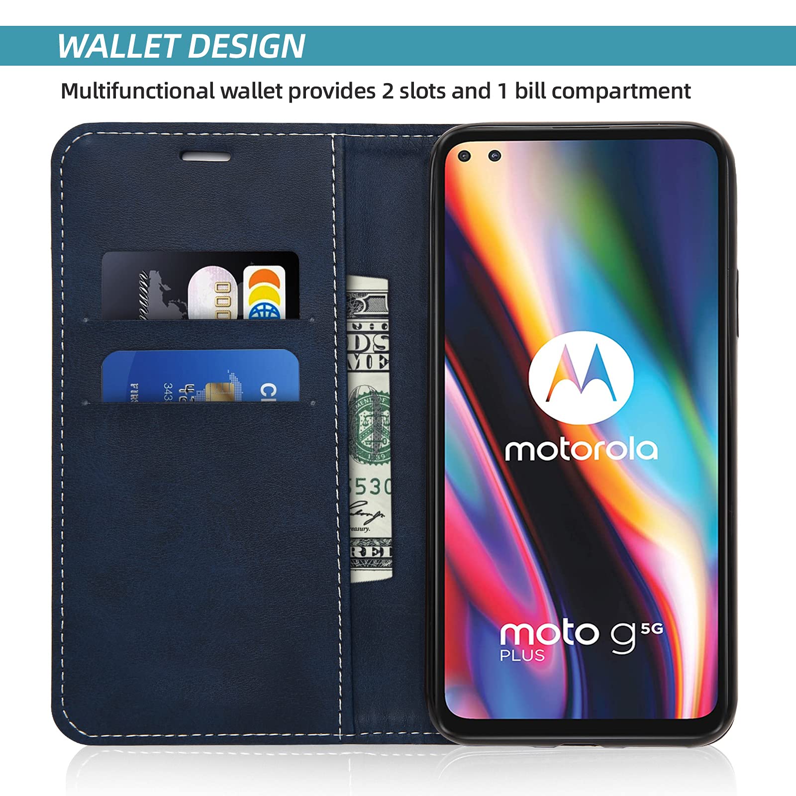 HAOTIAN Cover Portafoglio Per Motorola Moto G 5G Plus - Pelle Goffrata Blu, Con Slot Carte E Chiusura Magnetica