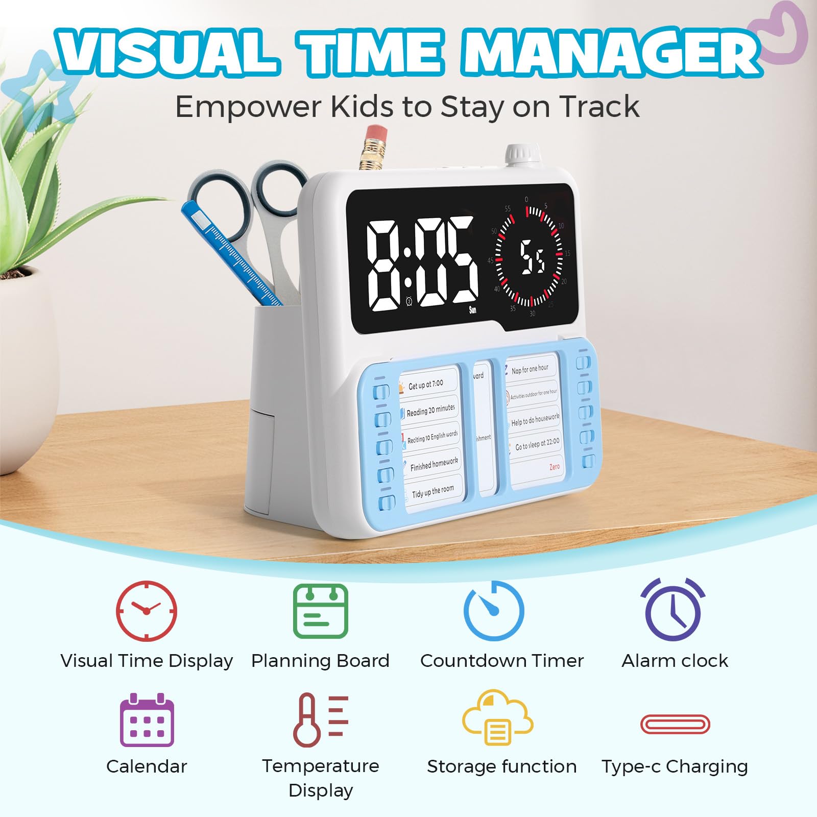 Minuteur visuel pour enfants et adultes - Outil de gestion du temps pour l'autisme et le TDAH avec alarme numérique, couture, tableau de planification des tâches, température et stockage