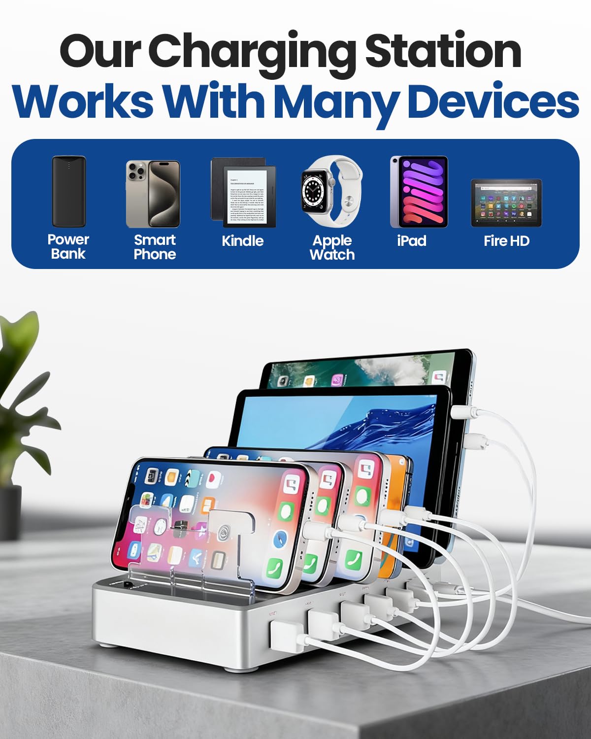Station de charge USB à 6 ports avec 6 câbles inclus, hub de charge rapide pour iPhone, téléphone portable, tablette, montre intelligente – Organiseur de bureau multi-ports (argenté)
