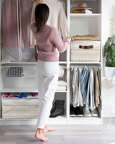 Miniatura 6 de Cesta de almacenamiento bohemia beige para organizar estantes, cajas de almacenamiento plegables con asa, cesta de lona de arte abstracto geométrico