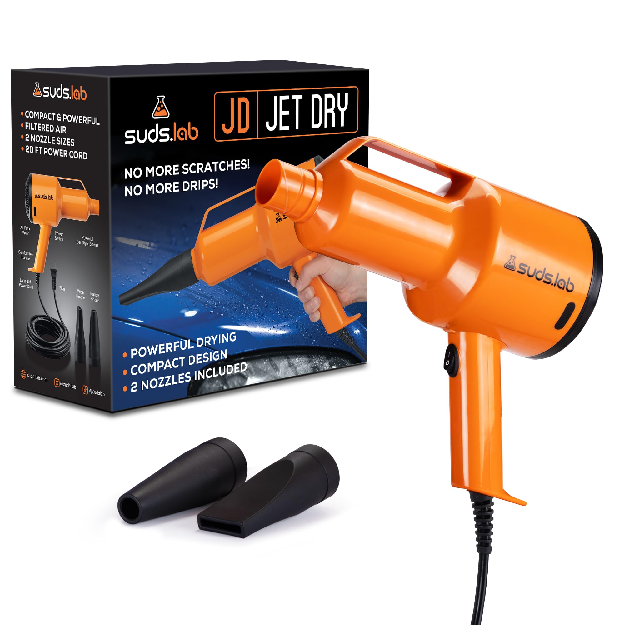 Suds Lab JD Jet Dry Car Drying Blower with 2 Nozzles & 20 ft Power Cord – 1.5