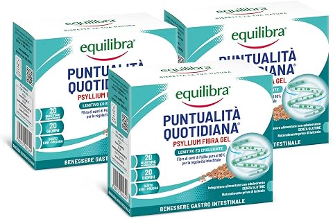 Equilibra Integratori Alimentari, Psyllium Fibra-Gel, Integratore con Fibra di Psyllio Nota per la Regolarità del Transito Intestinale e l'Assorbimento dei Nutrienti, 3 Pezzi da 20 Bustine Monodose