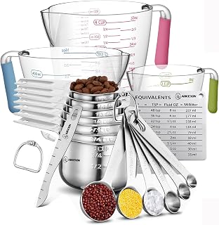 AIKEXIN 20-Piece Stainless Steel Measuring Cups & Spoons Set - Nesting, Rust-Resistant, with Plastic Liquid Cups, Leveler & Chart for Precise Baking