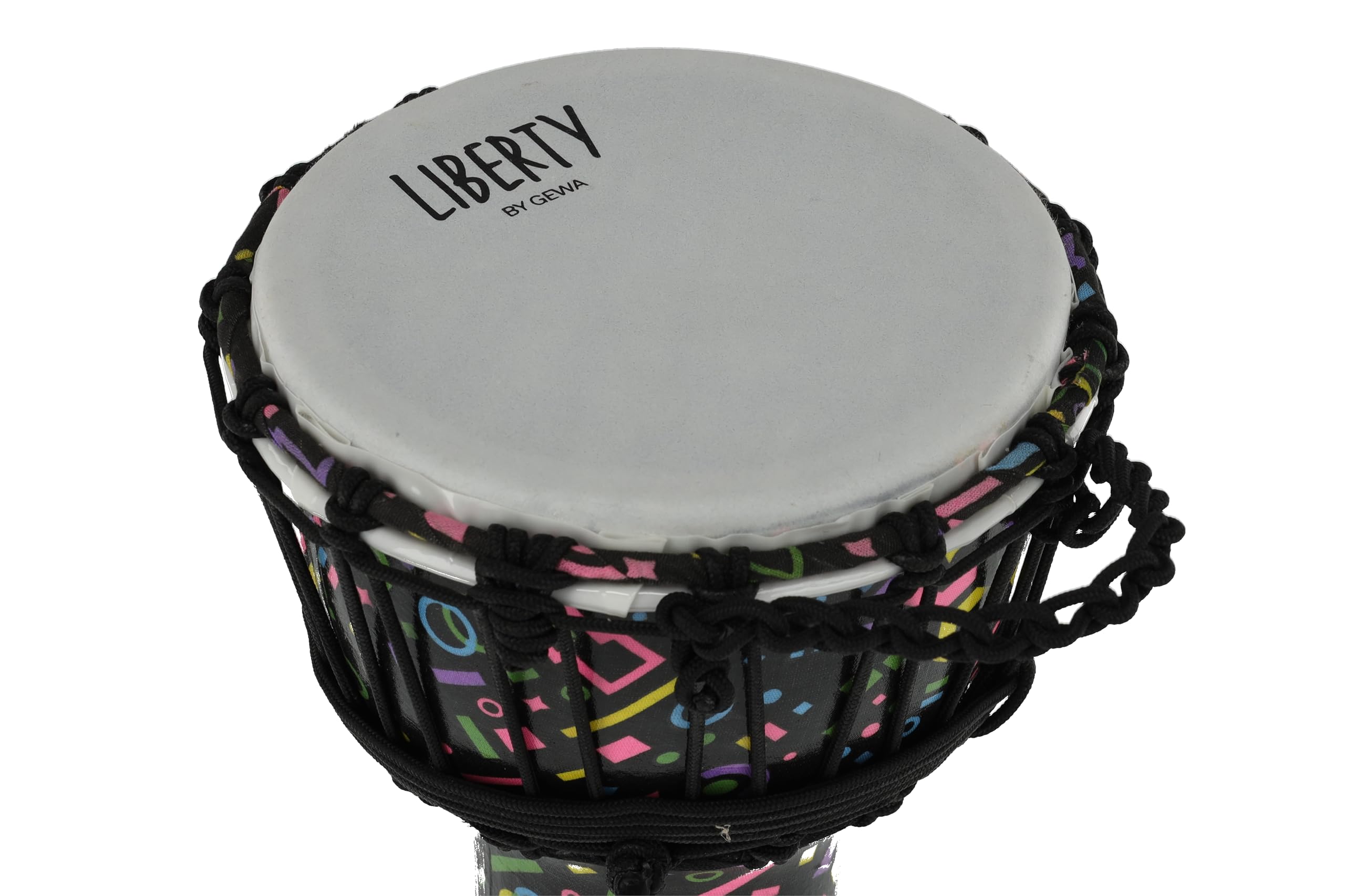 GEWA Liberty Djembé - System strojenia: linkowe - Średnica: 7" (17,8 cm) - Wysokość: 12,5" (31,5 cm) - Liczba sznurków: 14 - Wzór: Crazy neon