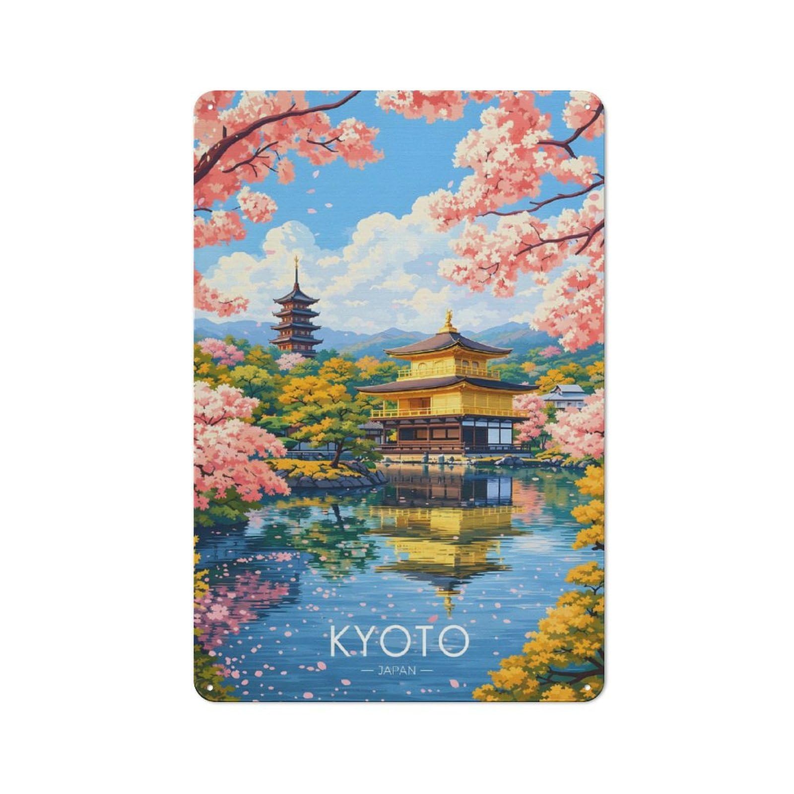 Junmoney Style-23 Tin Wall Plaque 30X20cm With Kyoto Golden Pavilion Cherry Blossoms For Hobby Room Or Studio, For Themed Interiors In Hobby Rooms And Studios