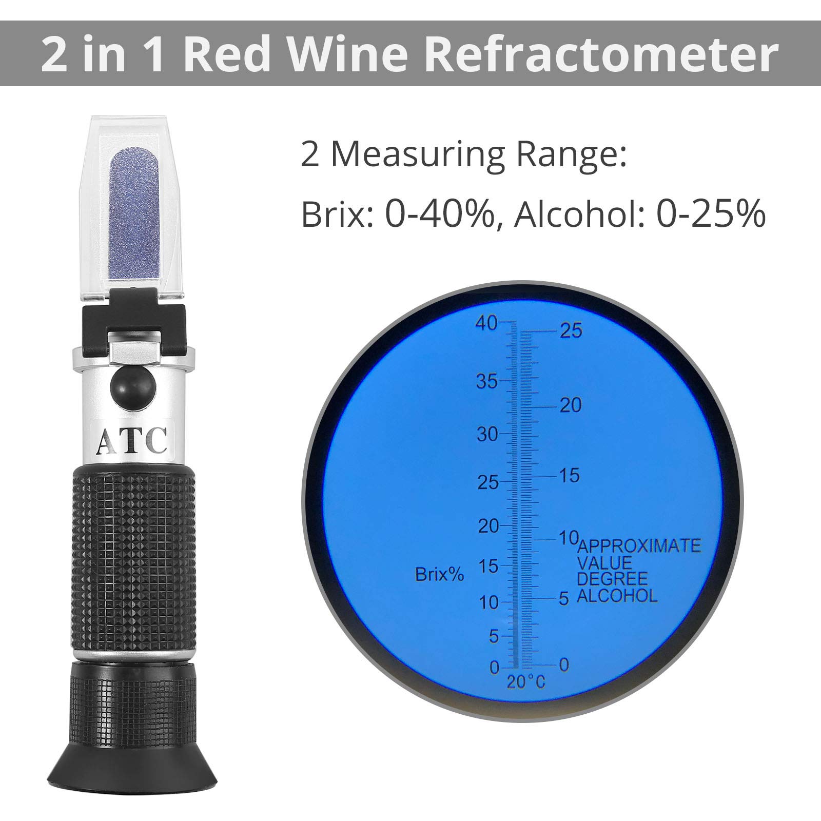 Proster Refractómetro Brix 0-40% y 0-25% Alcohol Refractómetro Digital para Vino Medir el Contenido de Azúcar para Fruta UVA y Grado de Alcohol de Vino Cerveza Refractómetro Portatil con ATC - 3
