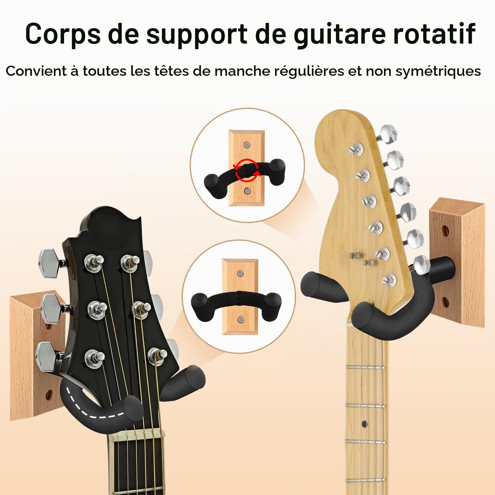 Support Guitare Mural 4 Pack, Support Mural Guitare Avec Crochet Souple Rotatif pour Guitares de Toutes Tailles, Bois dur en U Accroche Guitare Mural pour Acoustique, Guitare Electrique, Basse