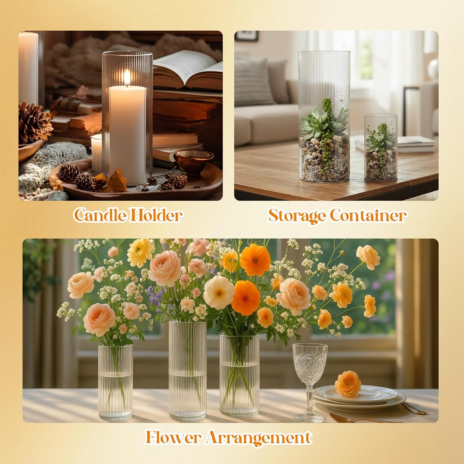 6 Pcs Ribbed Glass Candle Holder 6"/7.8"/10" Tall Cylinder Candle Holders Clear Round Flower Vases for Table Centerpiece Wedding Anniversary Home Decorations