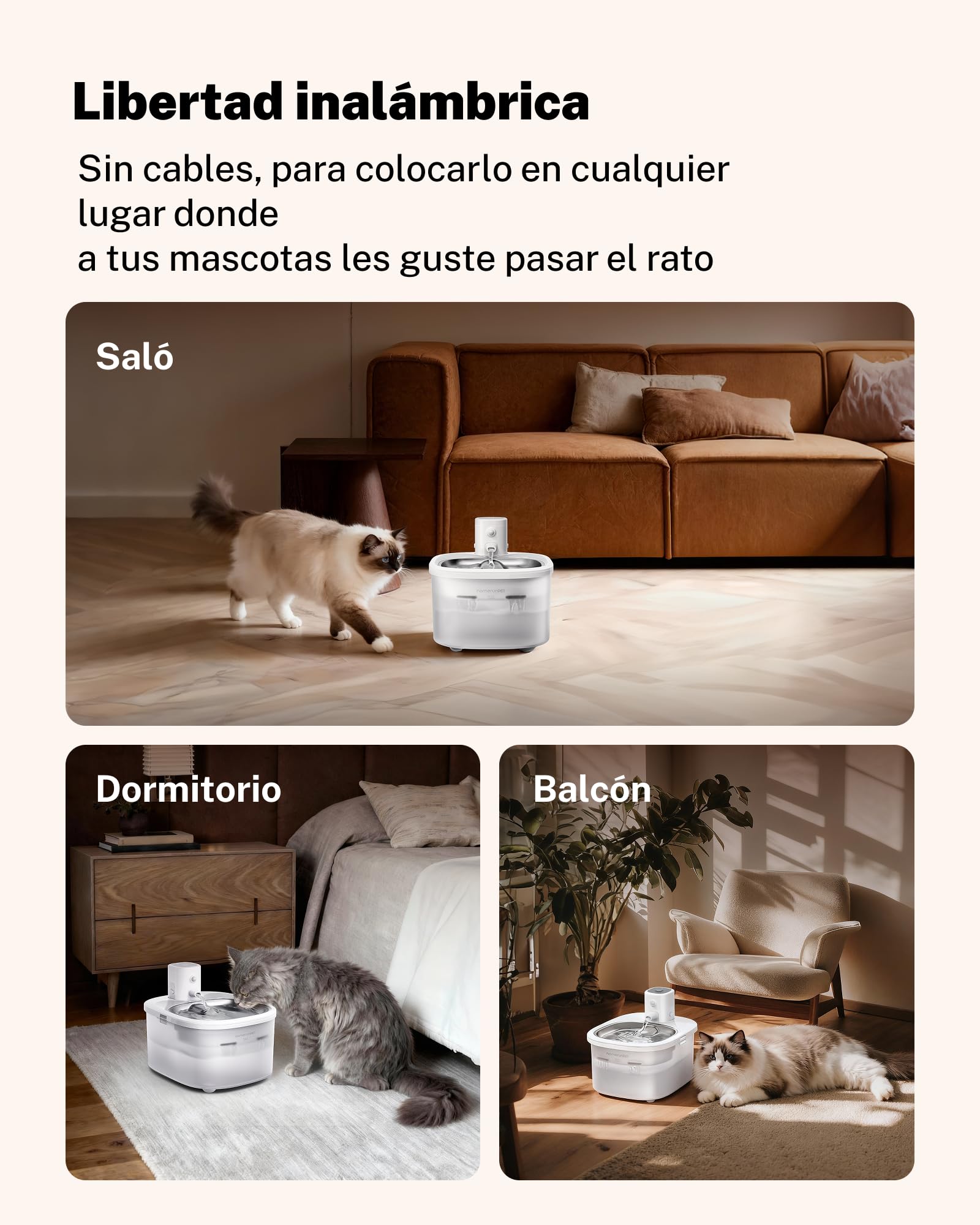 Homerunpet Fuente de Agua inalámbrica para Mascotas, Bandeja de Agua de Acero Inoxidable, Funciona con batería, dispensador automático portátil para Gatos y Perros, Seguro para lavavajillas