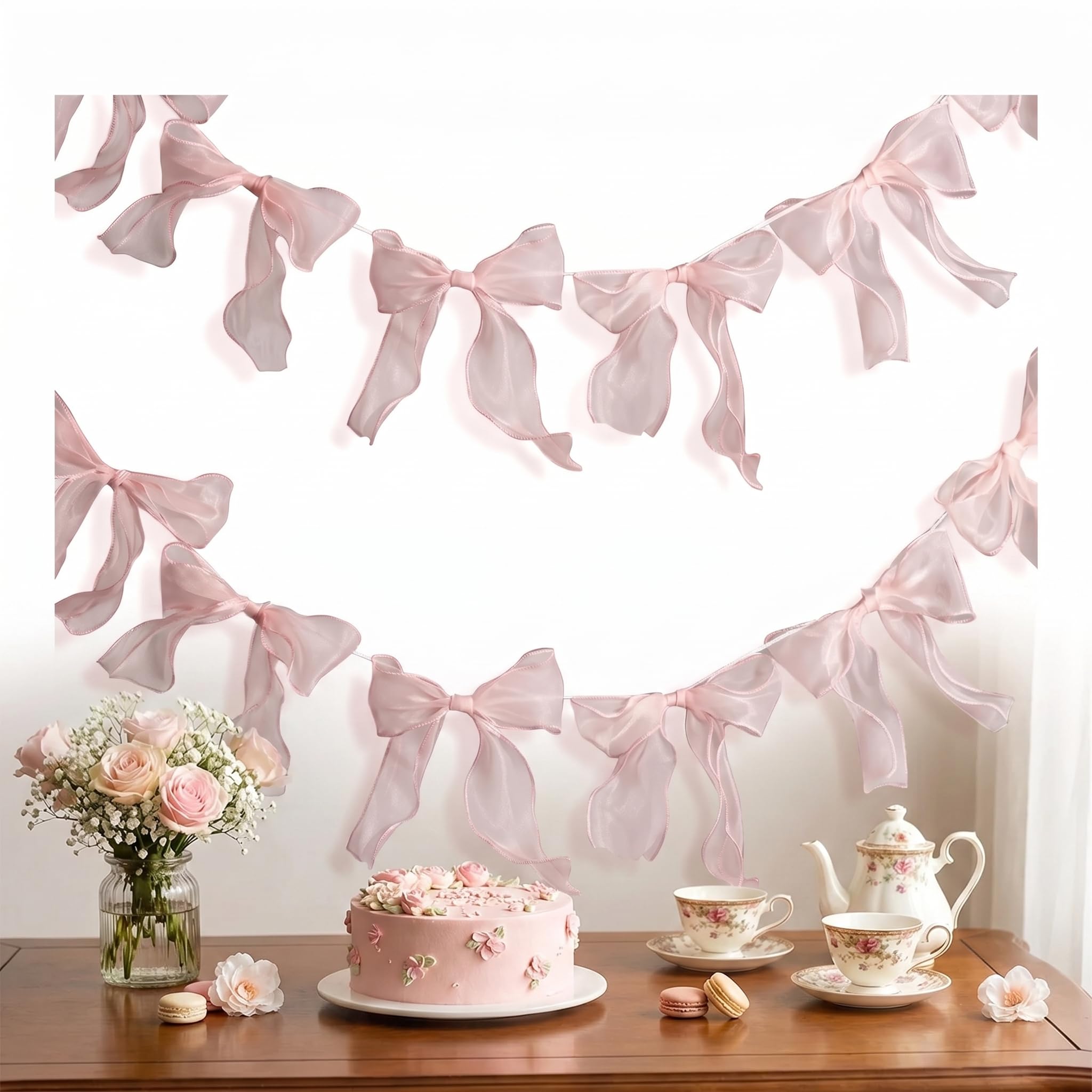 Pink Bow Birthday Decorations, 2PCS Bow Party Decoration, 2 M Tulle Bow Garland With 24 Bows for Wedding Bachelorette Birthday Baby Shower Party