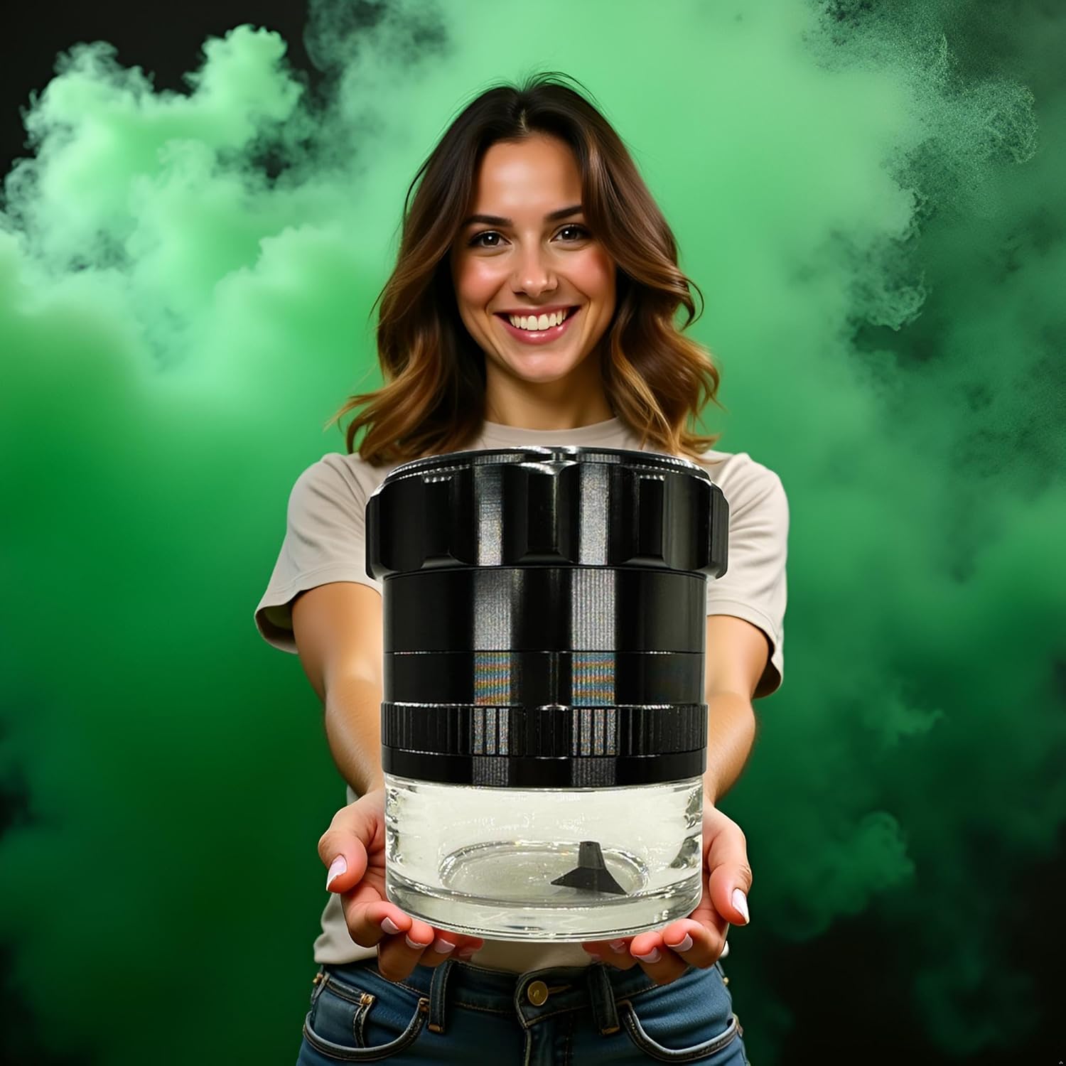 Spice Grinder. 2.5 inch herb grinder with jar attached. Jar offers a larger storage capacity. Anodized Aluminum alloy with glass bottom. (Black, 2.5 Inches x 3 Inches)