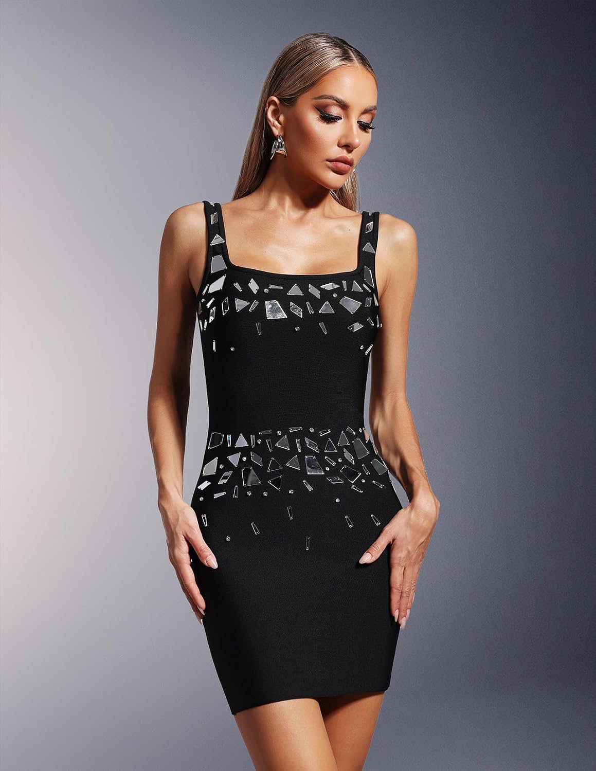 BELLA BARNETT Black Square Neck Sleeveless Sequin Dress Glossy Knit Mini Eye Catching Bodycon Dress