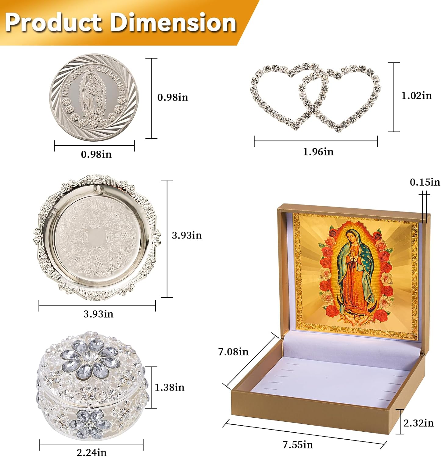 Arras Para Boda Catolica with Virgen De Guadalupe Gifts Box, Premium Arras De Boda Cristiana, Arras De Boda Catolica, Wedding Coins Catholic Arras Box, Mexican Wedding Arras Coins Set (Silver)