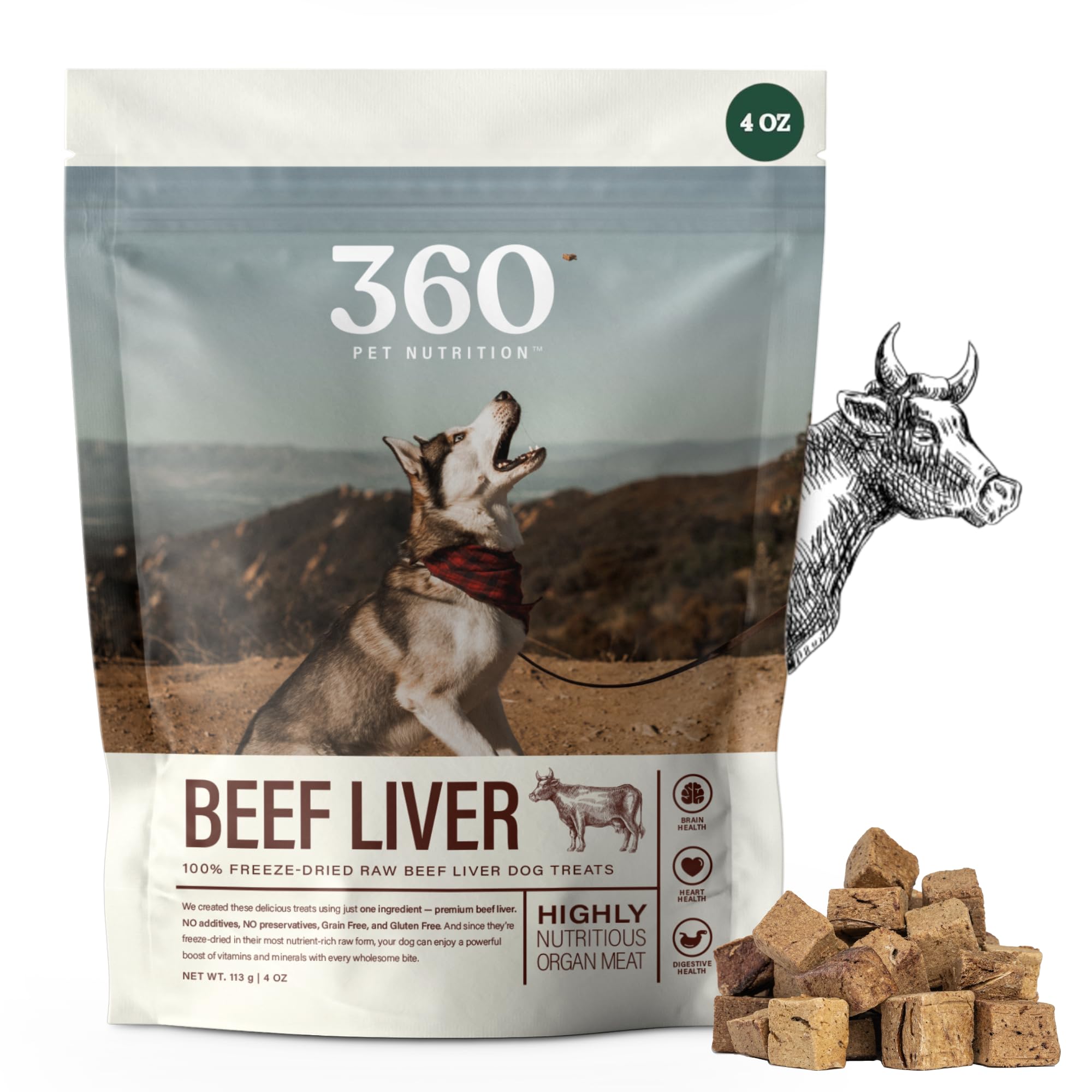 360 Pet Nutrition Freeze-Dried Raw Beef Liver Dog Treats – Single Ingredient, High Protein, Grain-Free, All-Natural Training Snacks, Made in USA, 4 oz