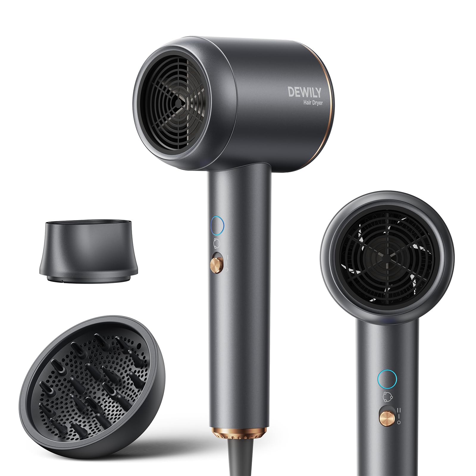 Ionen Föhn mit Diffusor 1800W - DEWILY Schnelltrocknen Haartrockner Hair Dryer, 3 Temperatureinstellungen/ 2-Gang, Kompakt Tragbar Reisefön mit Diffusor für Locken, Grau